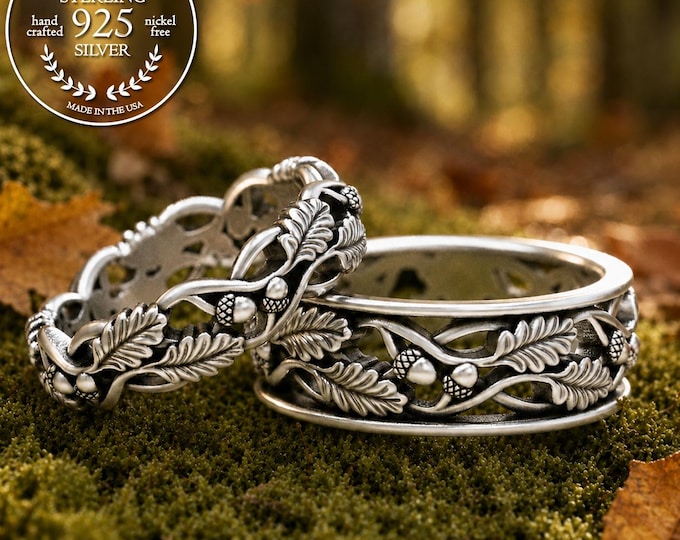 Sterling Autumn Oak Leaves & Acorns Wedding Ring Set, Silver Matching Nature Rings, Forest Bride Groom Bands, 1540 1647