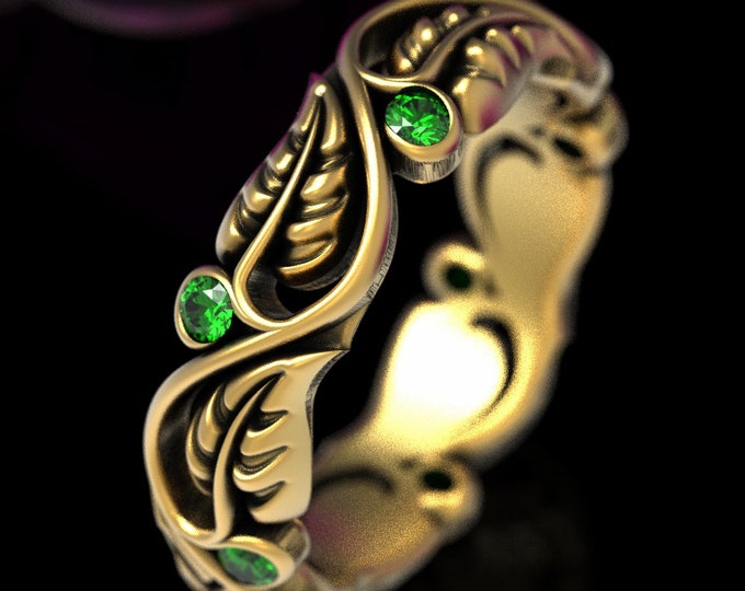 Emerald Leaf Ring, Gold Leaf Ring, Womans Leaf Ring, Nature Wedding Ring, Antique Wedding Band, Vintage Leaf Ring, Womens Nature Ring, 1626