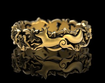 Riservato a Lizzie, anello con volpe ed edera in oro 10 carati, 5031