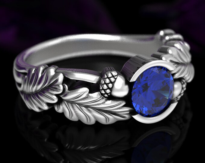 Leaf Engagement Ring, Oak Leaf Ring, Sterling Silver & Sapphire Engagement Ring, Acorn Wedding Ring, Fall Wedding Ring, Acorn Ring, 1603