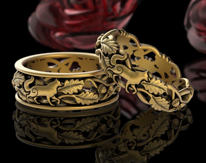 Gold or Platinum His Hers Wolves Wedding Band Set, 10K 14K 18K Wolf Bride Groom Rings, Matching Gold Nature Forest Ring Set, 5531 5551
