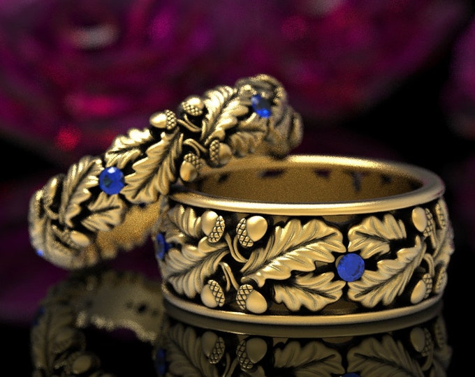 Sapphire Gold Oak Ring Set, Matching Gold Wedding Bands, Oak Tree Rings, Tree Wedding Bands, Forest Wedding Ring, Gold Acorn Ring, 1612 1611