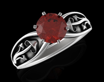 Garnet Mushroom Psychedelic Wedding Ring, Sterling Shroom Womens Ring, Silver Forest Engagement Ring, Botanical Forest Witch Ring, 5004