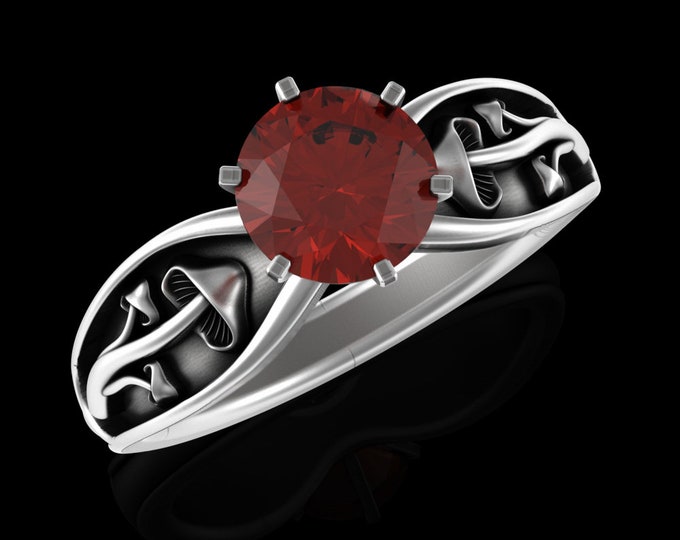 Garnet Mushroom Psychedelic Wedding Ring, Sterling Shroom Womens Ring, Silver Forest Engagement Ring, Botanical Forest Witch Ring, 5004