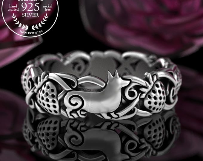 Happy Corgi & Strawberries Ring, Sterling Welsh Corgi Ring, Pet Remembrance Jewelry, Silver Dwarf Dog Ring, Dog Mom Gift, Berry Ring, 5707