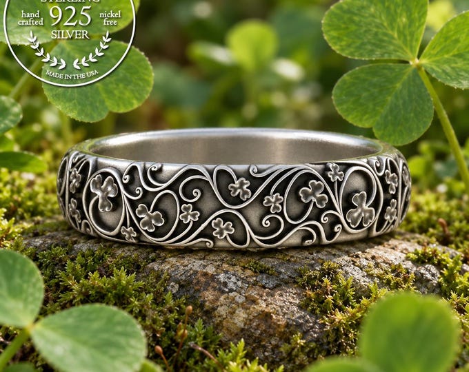 Intricate Three Leaf Clover Ring for Woman, Sterling Silver Irish Clover Wedding Ring, 925 Botanical Scottish Shamrock Nature Ring, 5040