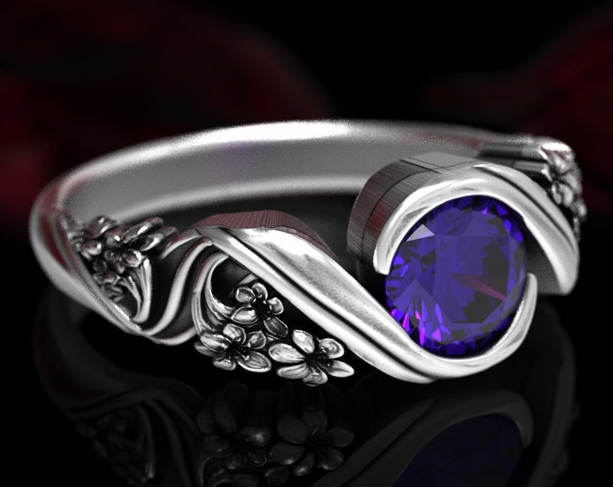 Purple Floral Lily Amethryst Engagement Ring, Art Nouveau Engagement Ring, Amethyst Wedding Ring, Flower Ring, Silver Nature Ring, 1526