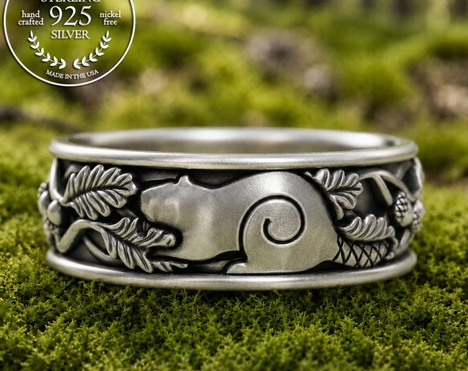 Men's Sterling Beaver Ring, Grooms Silver Woodland Beaver Wedding Band, 925 Forest Beaver Dam, Acorn Oak Leaves Wedding Ring for Male, 5517