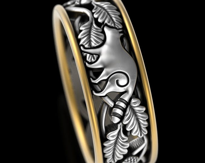 Sterling + 10K Gold Raccoon Ring, Men's 2tone Nature Animal Wedding Band, Silver Gold Forest Marriage Ring, Groom's Raccoon Ring, 5806