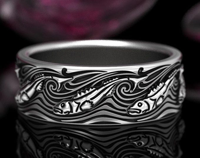 Men's Sterling Fish Ring, Art Nouveau Fish, Silver Carp Ring, Fly Fishing Ring, Bass Fishing Wedding Band, Rainbow Trout Jewelry, Ring, 1622