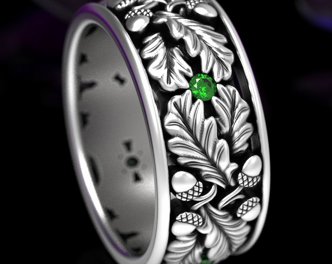Mens Emerald Ring, Sterling Silver Mens Ring, Nature Wedding Band, Silver Leaf Ring, Sterling Acorn Ring, Oak Leaf Ring, Nature Ring, 1611