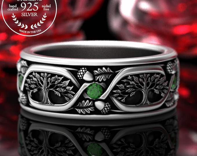 Emerald Sterling Acorn Tree Ring, Silver Sapphire Men's Nature Wedding Band, Ruby Acorn Oak Wedding Ring, Groom's Pagan Elopement Ring, 2032