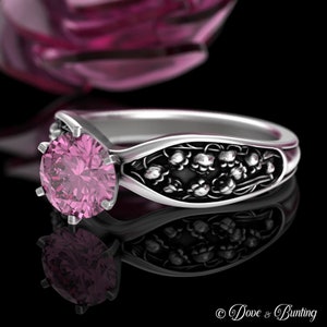 Pink Lily of the Valley Wedding Ring, Sterling Pink Sapphire Engagement Ring, Silver Bell Flower Wedding, Bridal Botanical Solitaire 5025