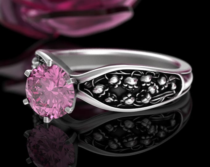 Pink Lily of the Valley Wedding Ring, Sterling Pink Sapphire Engagement Ring, Silver Bell Flower Wedding, Bridal Botanical Solitaire 5025