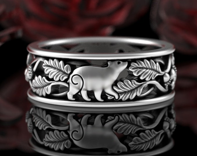 Mens Style Bear Wedding Ring, Sterling Silver Cubbie Wedding Band, Bear Cub Forest Ring, Woodland Oak Leaves, Nature Theme Grooms Ring, 5554