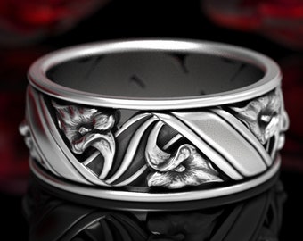 Lily Flower Ring, Floral Wedding Ring, Sterling Silver Flower Wedding Ring, Art Nouveau Wedding Band, Botanical Wedding Band, 1514