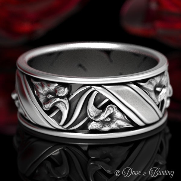 Lily Flower Ring, Floral Wedding Ring, Sterling Silver Flower Wedding Ring, Art Nouveau Wedding Band, Botanical Wedding Band, 1514