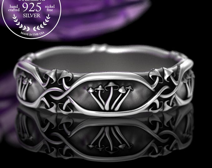 Sterling Mushroom Grove Wedding Band, Woman's Mycology Ring, Plant Medicine Jewelry, Organic Botanical Ring, Psychedelic Shroom Ring, 2078