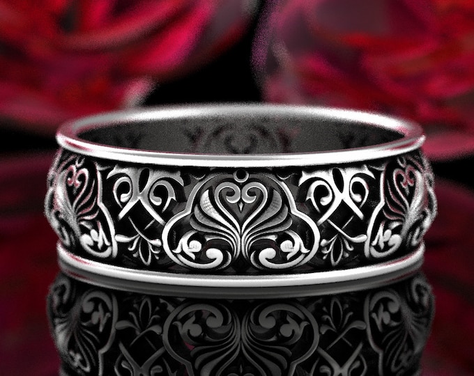 Sterling Silver Swirl Ring, Silver Swan Ring, Art Nouveau Wedding Band, Silver Heart Ring, Vintage Inspired Ring, Decorative Ring, 1904