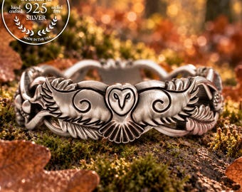 Sterling Owl Wedding Band, Acorn Forest Ring, Silver Barn Owl Wedding Ring, Oak Leaf Woodland Nature Ring, Flying Great-Horned Owl, 5533