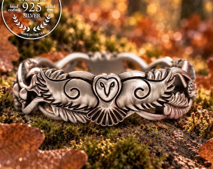 Sterling Owl Wedding Band, Acorn Forest Ring, Silver Barn Owl Wedding Ring, Oak Leaf Woodland Nature Ring, Flying Great-Horned Owl, 5533