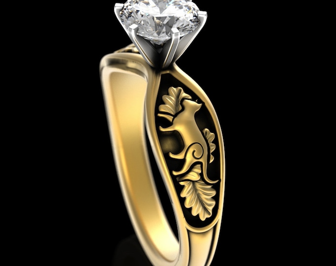 1 Carat Gold or White Gold Cat Engagement Ring, 10K Moissanite Solitaire, Womens Kitty Wedding Ring, Platinum Feline Kitten Diamond, 5010