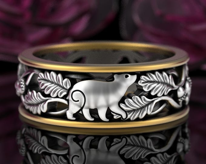 10K Gold & Sterling Bear Ring, Men's Grizzley Wedding Band, 2tone Brown Bear Forest Ring, Silver Groom's Kodiak Ring, Bear Mascot Ring, 5804