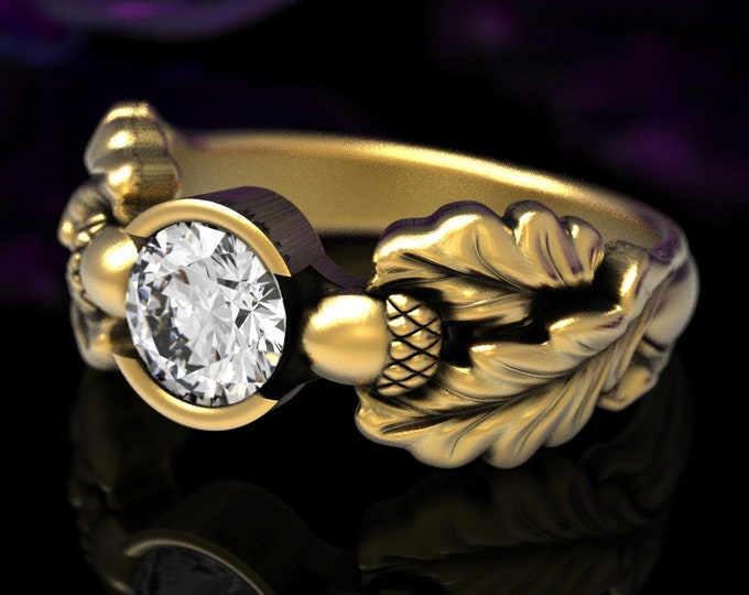 Moissanite & Gold Engagement Ring, Gold Acorn Ring, Nature Engagement Ring, Gold Leaf Wedding Ring, Oak Tree Ring, Acorn Wedding Ring, 1604
