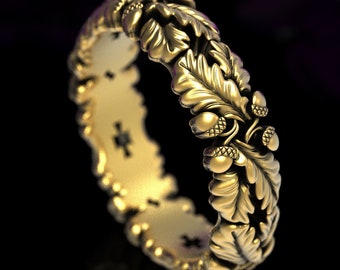 Leaf Wedding Band, Gold Art Nouveau Ring, Leaf Wedding Ring, Oak Tree Ring, Nature Inspired Ring, Forest Wedding Ring, Gold Acorn Ring, 1606