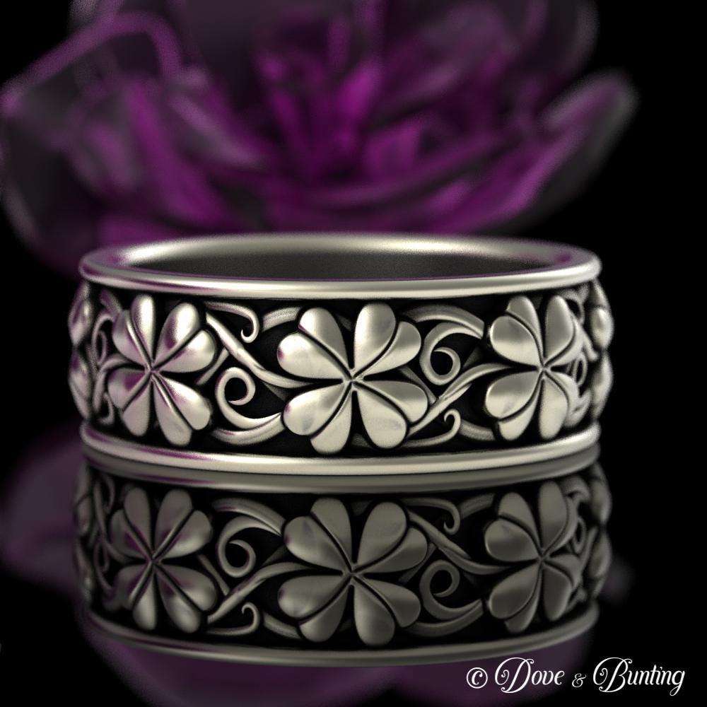 Mens Style Gold Four Leaf Clover Ring, 10K 14K Shamrock Groom Ring ...