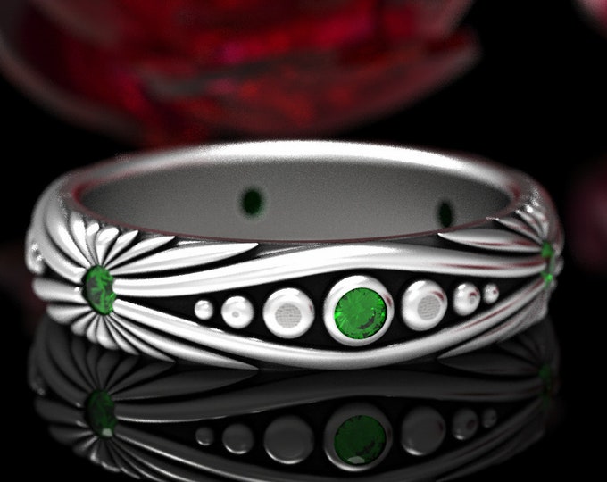 Emerald Art Nouveau Wedding Ring, Sterling Silver Emerald Art Nouveau Ring, Geometric Wedding Band, Modern Emerald Silver Ring,  1537