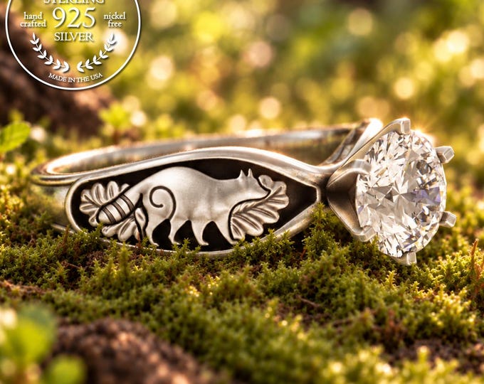 925 Raccoon Engagement Ring, Sterling Silver Raccoon Wedding Ring, Moissanite Diamond, Oak Leaf Forest Ring, Silver Nature Inspired, 5011