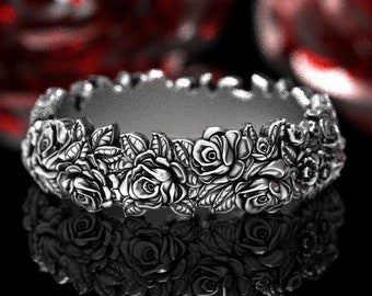 Sterling Silver Rose Ring, Rose Wedding Ring, Silver Floral Wedding Ring, Botanical Wedding Ring, Silver Flower Ring, Rose Jewelry, 1655