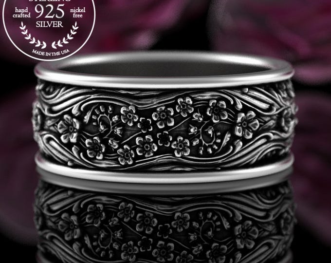 Wide Forget-me-not Wedding Ring, Sterling Silver Mens Art Nouveau Ring, Flower Wedding Band, Nouveau Floral Ring, 925 Botanical Ring, 5035