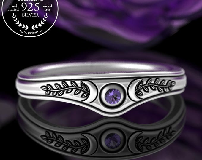 Triple Moon Goddess Accent Ring, Sterling Amethyst Stacking Wedding Band, Silver Magic Bridal Contour Ring, Woman's Vine Stacker Ring, 3338