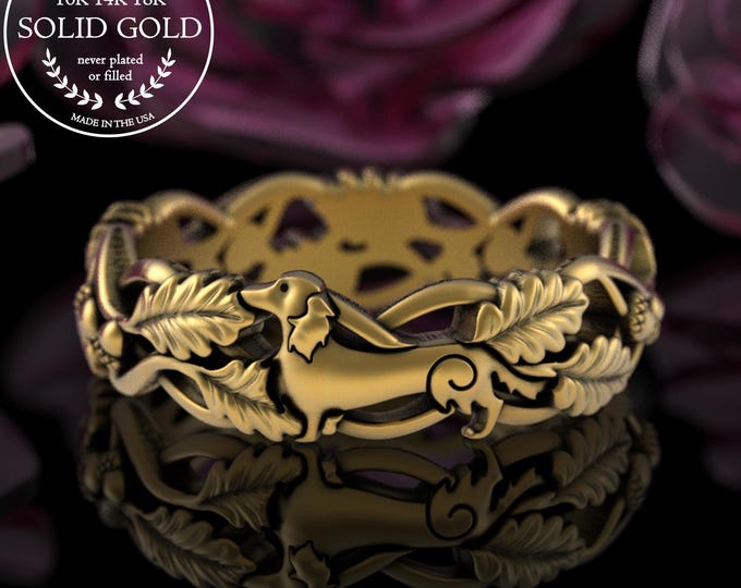 Gold Long-Hair Dachshund Playing in the Forest Wedding Band, 10K Sausage Dog Pet Remembrance Jewelry, 14K Purebred Dog Pedigree Ring, 5512