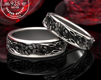 His & Hers Pine Needle Forest Wedding Band Set, Sterling Pine Tree Anniversary Rings, Matching Silver Evergreen Pinecone Renewal, 2059 2060