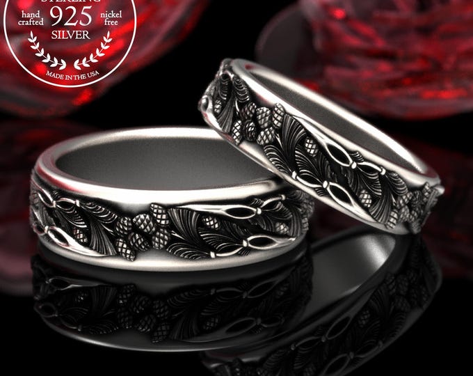 His & Hers Pine Needle Forest Wedding Band Set, Sterling Pine Tree Anniversary Rings, Matching Silver Evergreen Pinecone Renewal, 2059 2060