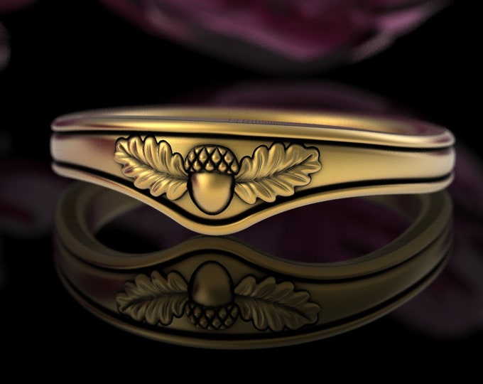 Gold Stacker Acorn & Oak Leaves Crest for Engagement Ring, 10K Forest Nature Fitted Band, 14K White Gold Pagan Forest Stacking Ring, 5015
