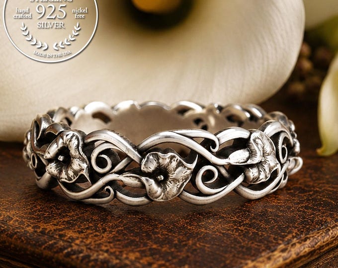 Calla Lily Wedding Ring, Sterling Lily Wedding Band, Silver Art Nouveau Ring, Delicate Wedding Band, Wedding Ring, Floral Wedding Band, 1466