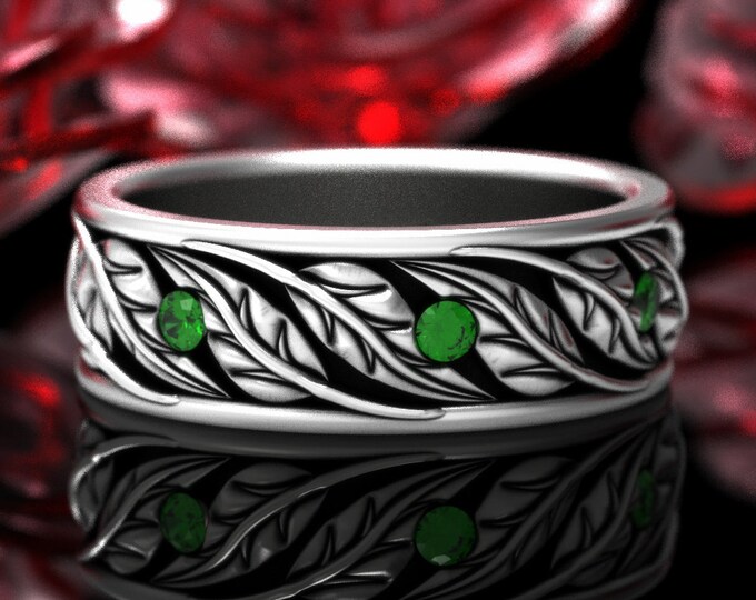 Emerald Leaves Pattern Ring, Leaf Nature Inspired Wedding Band, Silver Plant Lover Ring, Tree of Life Ring, Sterling Botanical Wedding, 1959
