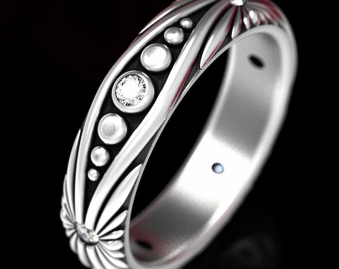 Moissanite Art Nouveau Wedding Band, Sterling Silver Geometrical Ring, Silver Moissanite Wedding Ring, Geometric Wedding Band, 1537