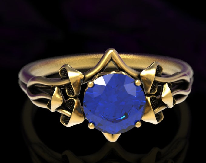 Gold Mushroom Engagement Ring, Sapphire & Gold Wedding Ring, Mushroom Wedding Ring, Gold Botanical Wedding Ring, Magic Engagement Ring, 7003
