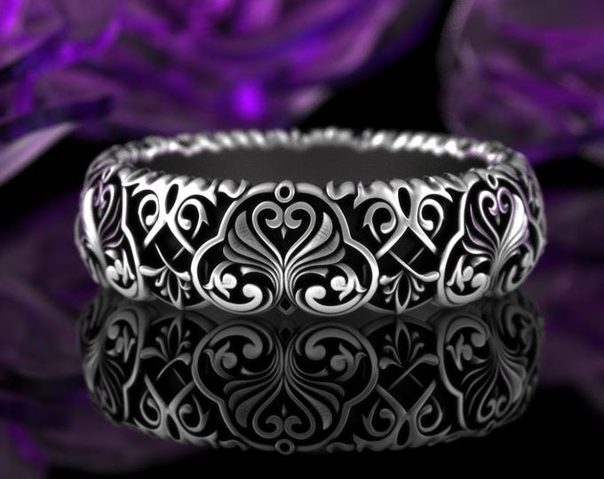 Sterling Rococo Bridal Wedding Band, Ornate Silver Swan Womens Ring, 925 Baroque Scrollwork Wedding Ring, Vintage Art Nouveau Inspired, 5038