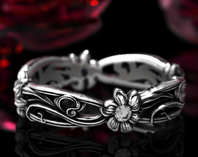 Sterling Art Nouveau Flower Ring, Moissanite Flower Wedding Band, Silver Moissanite Flower Ring, Unique Flower Wedding Ring, Daisy Ring 5018