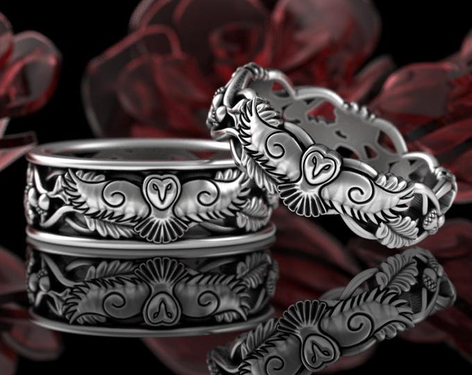 Sterling His Hers Matching Owl Wedding Bands, Silver Couples Great Horned Owl Forest Wedding Ring Set, Flying Barn Owls Jewelry, 5533 5525