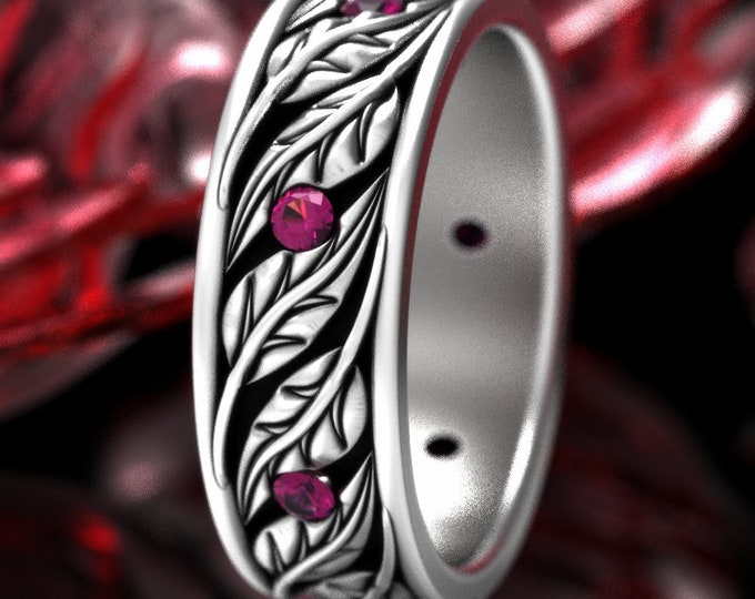 Ruby Botanical Wedding Ring, Sterling Ruby Leaves Ring, Nature Inspired Theme Wedding, Silver Plant Lover Ring, Ruby Tree of Life, 1959