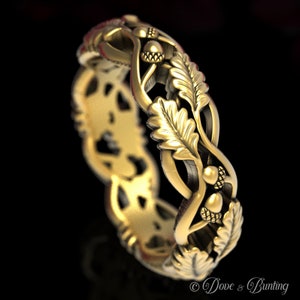 Leaf Wedding Band, Gold Art Nouveau Ring, Leaf Wedding Ring, Oak Tree Ring, Nature Inspired Ring, Forest Wedding Ring, Gold Acorn Ring, 1540