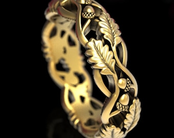 Leaf Wedding Band, Gold Art Nouveau Ring, Leaf Wedding Ring, Oak Tree Ring, Nature Inspired Ring, Forest Wedding Ring, Gold Acorn Ring, 1540