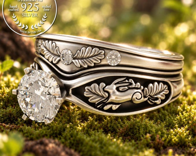 Bunny Stacking Solitaire Wedding Ring Set, Sterling & Moissanite Rabbit Matching Engagement Set, Bridal Forest Ring, Hare Jewelry, 5002 5014
